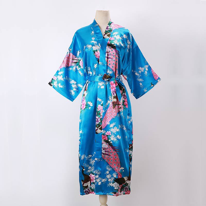 Picture of Women's Sexy Long Pajamas Summer Kimono Robe Thin Peacock Print Bathrobe Imitation Silk Kimono Nightgown Foreign Trade