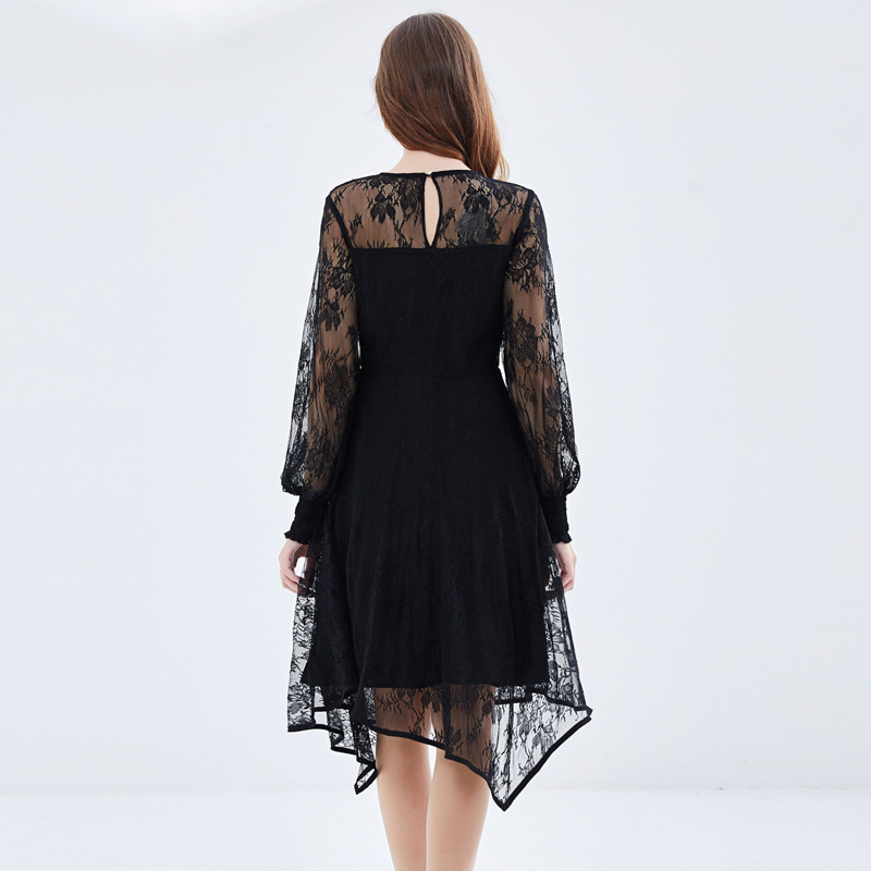 Picture of Spring and Summer New Sweet Style Large Size Young Dress Chubby Perspective Lace Wrap Lantern Sleeve Sun-proof Small Black Dress