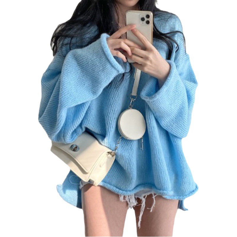 Korean Chic2025 Autumn Retro Loose Lazy Style V Neck Curled Slit Fashion Pullover Age-Reducing Sweater for Women
