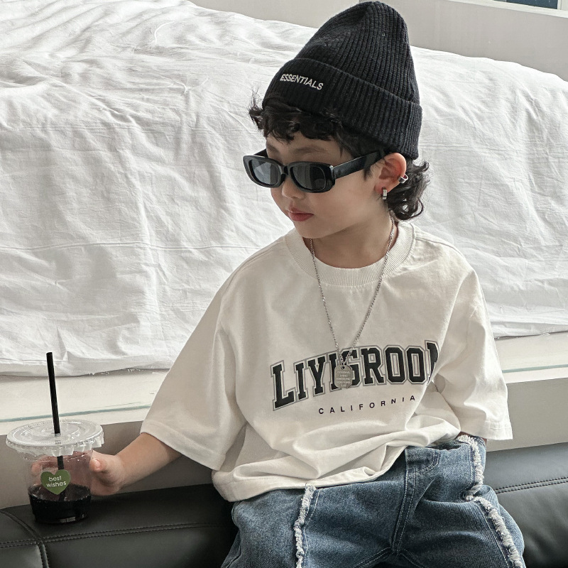 Boys T-shirt Short-sleeved 2023 New Korean-style White Letter Base Shirt Casual Trendy Top
