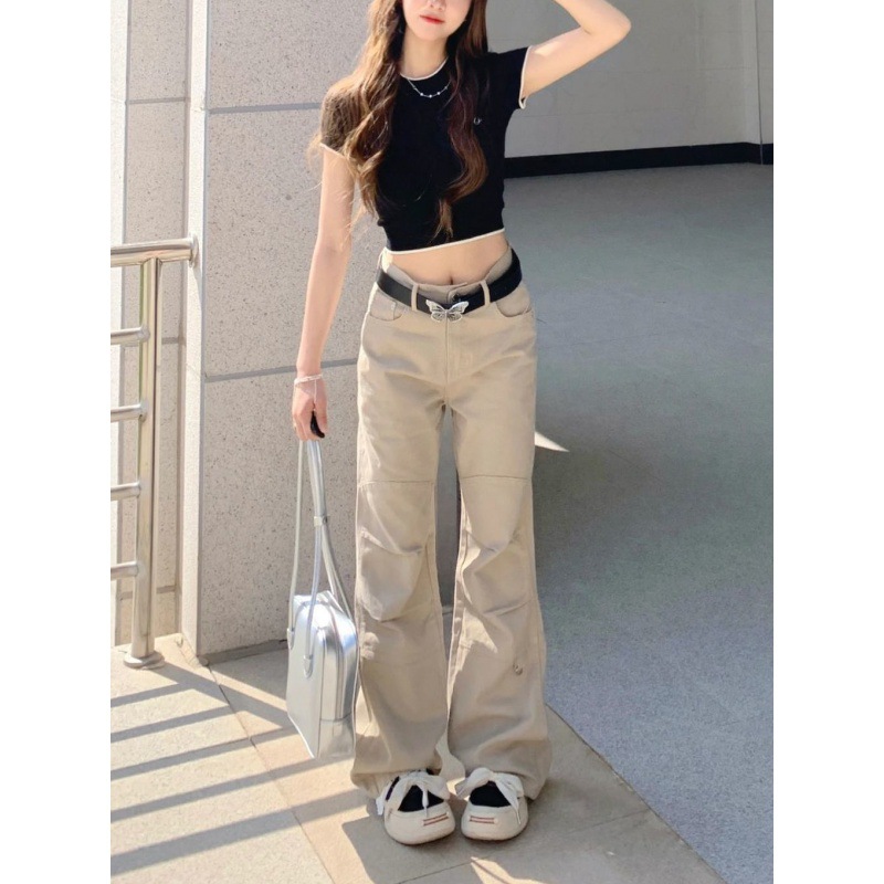 plus size khaki American Style Micro La Jeans Women's Summer Retro High Waist Stitching Loose Straight Tube Long Pants