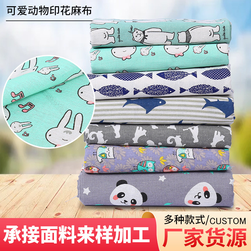 Wholesale curtain background cloth animal pattern small fish small panda rabbit cotton linen fabric factory in stock