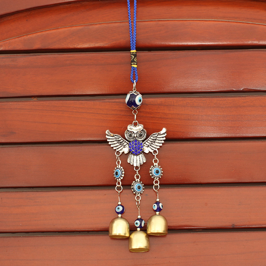 Picture of Alloy Spread-Winged Owl Blue Diamond Copper-Colored Bell Blue Pendant Evil Eye Car Hanging Ornament