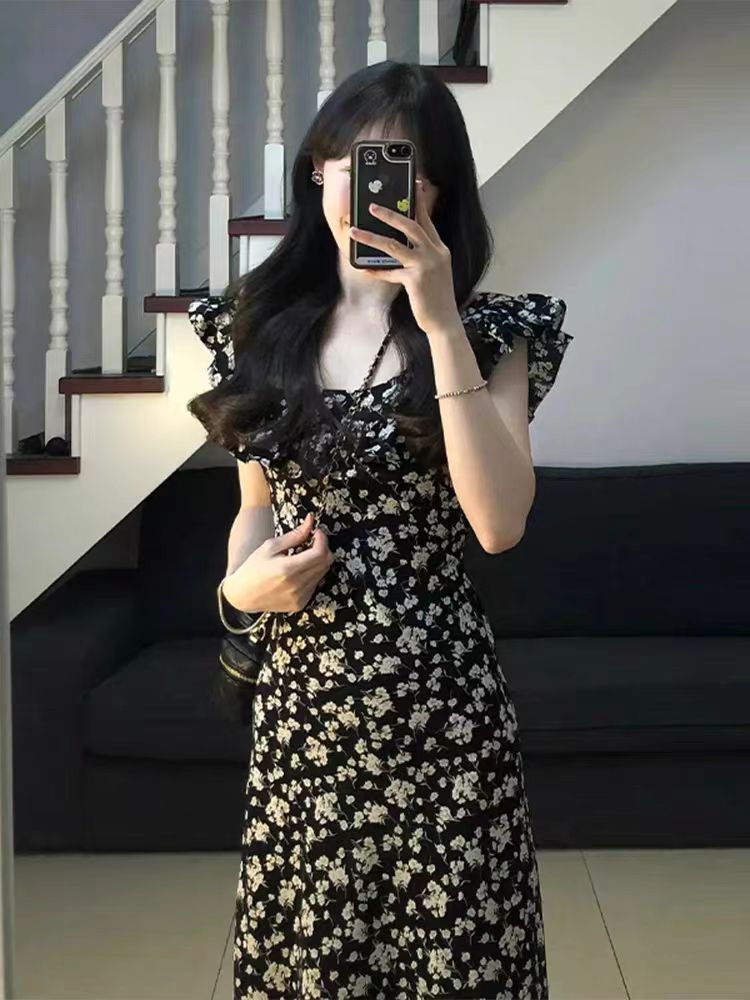 Tea Break French Hepburn Style Black Floral dress Children's Summer 2025 New Style Elegant Waist Long Dress