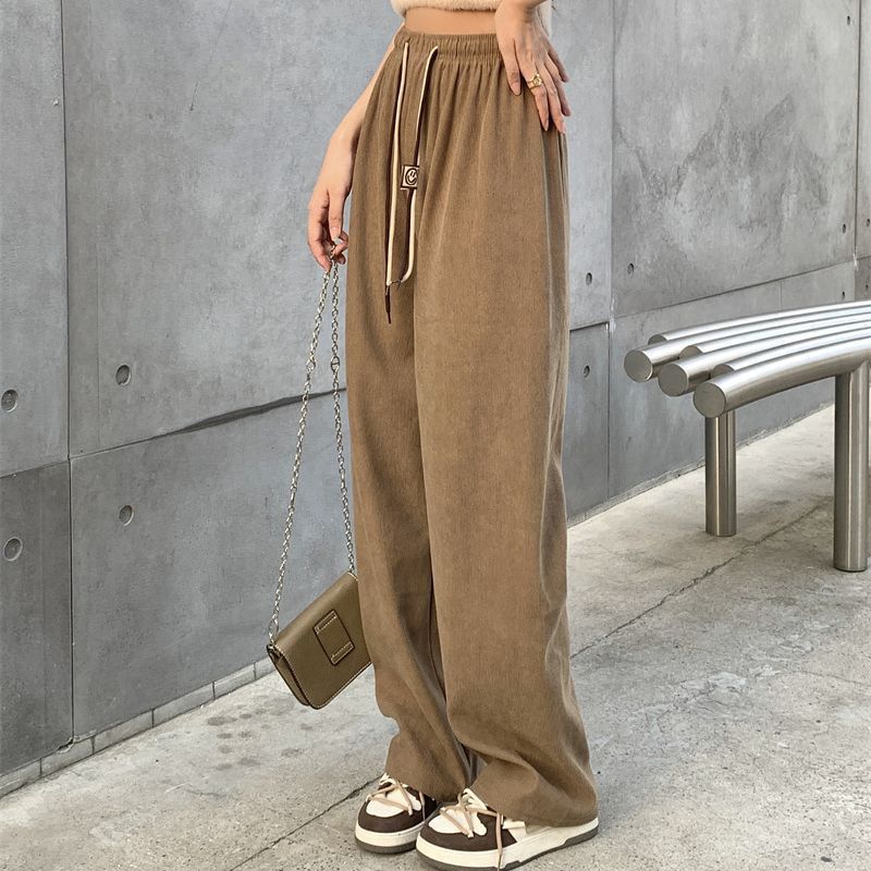 Picture of Grooved Cotton Velvet Smiley Face Double Drawstring Wide-Leg Pants for Women, Spring and Autumn High-Waist Drapey Loose Straight Ultra-Thin Stripe Casual Pants