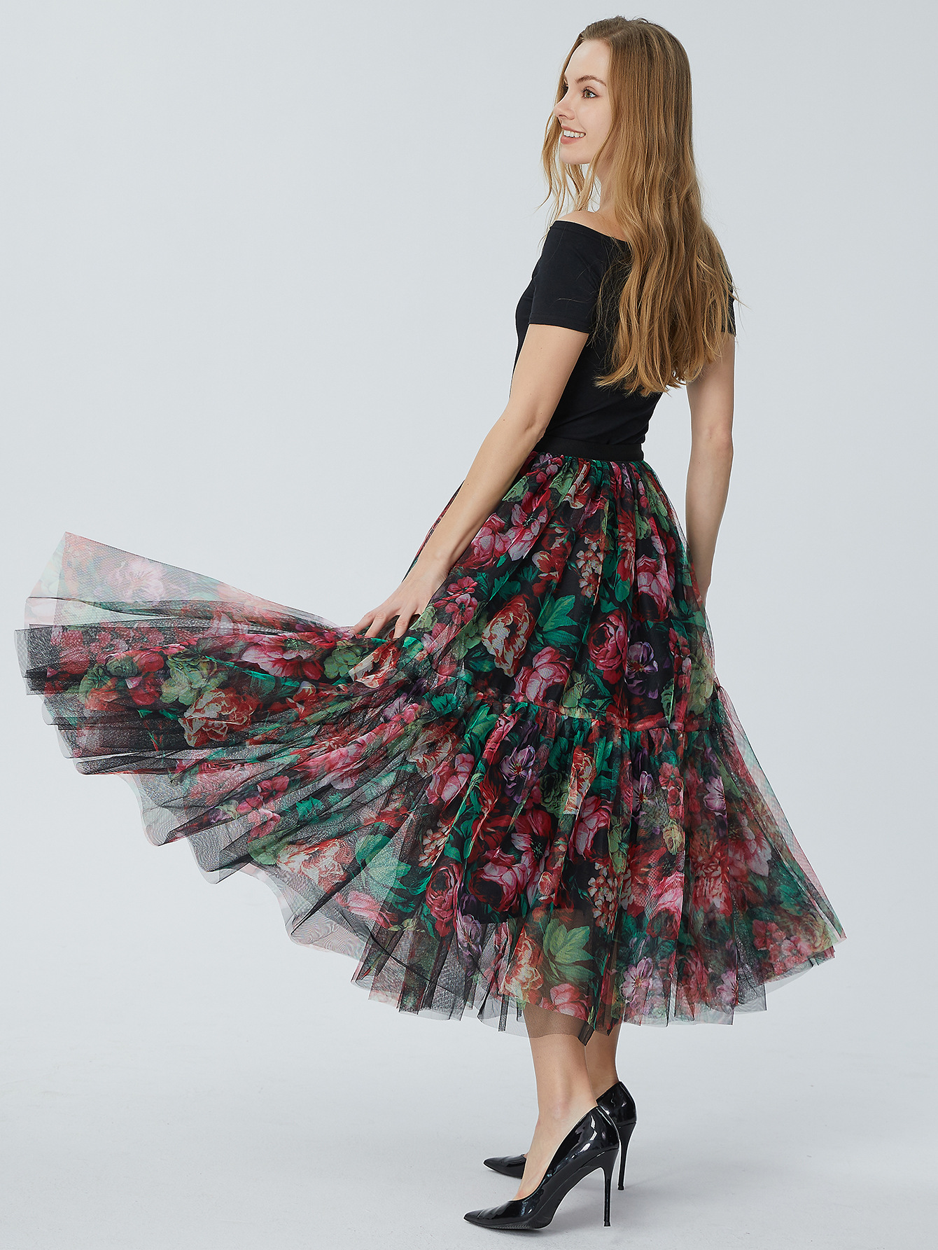 French Style Floral Skirt Women's High-end European and American Skirt A Version Summer Mid-length Skirt Mesh Fairy Skirt Fold Dress Fresh Style