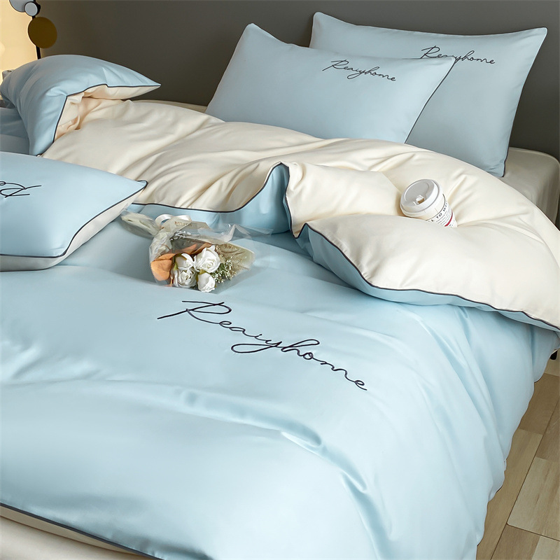 Picture of Solid color double four-piece set of style bed sheets home light luxury quilt cover washed cotton embroidered letter quilt cover three-piece set