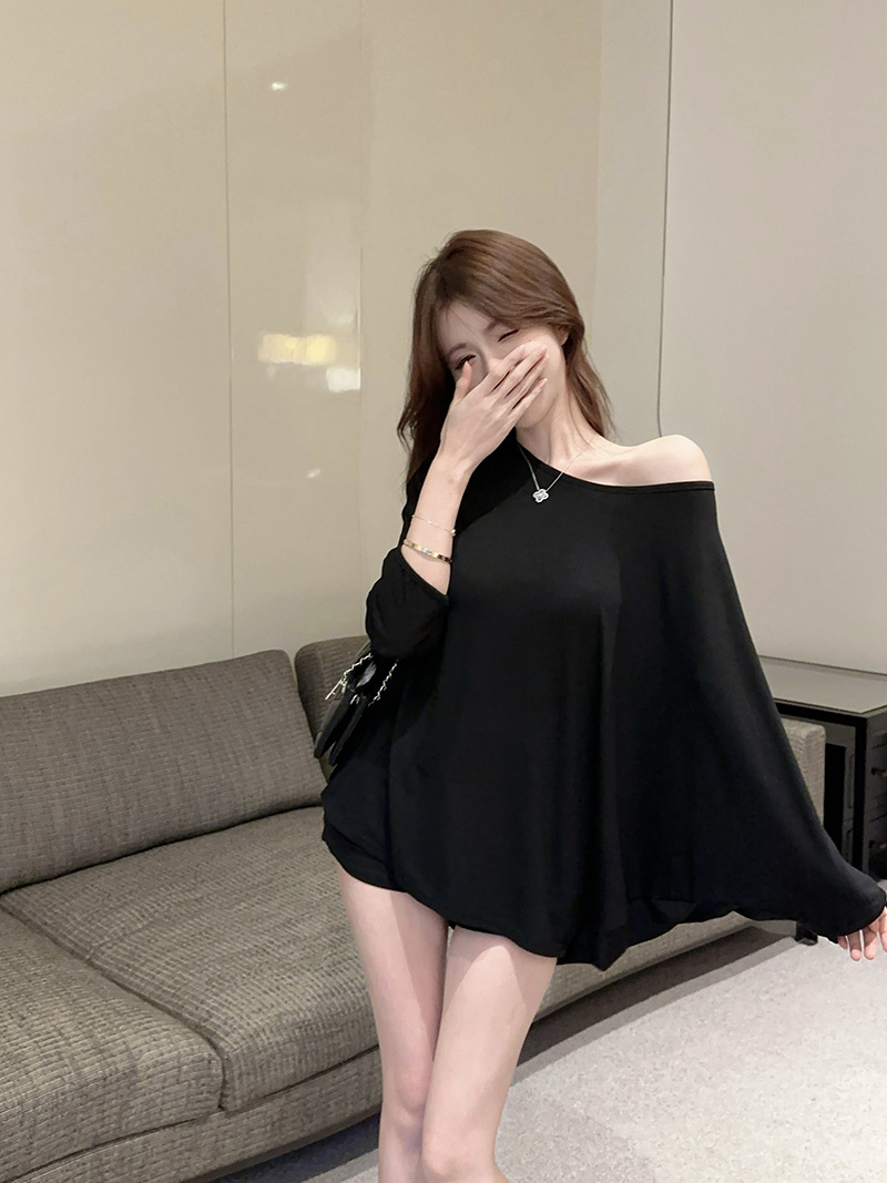 [Self-set Factory in stock Now] Shoulder Long Sleeve Women's Summer Design Sense Casual Thin Bat Sleeve Loose Top