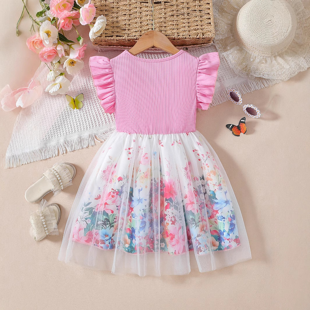 Picture of Foreign Trade Cross-border Girls Summer Small Flying Sleeve Waist Bow Design Stitching Mesh Elegant Princess Dress Trendy