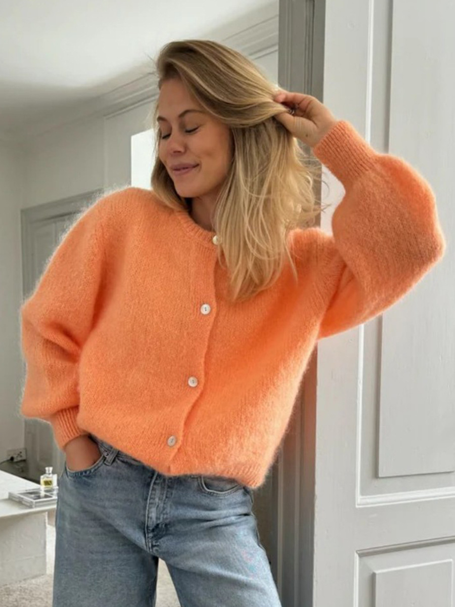 Picture of Candy-colored knit cardigan for women, European & American 2025 autumn/winter solid mohair cardigan, macaron-colored sweater for women