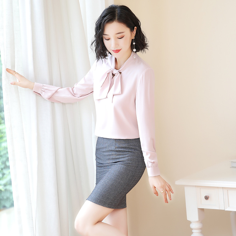 Picture of Pink Long-sleeved Shirt Women's Autumn Design Bow Chiffon Top High-end Fashion Western Style Silk Shirt