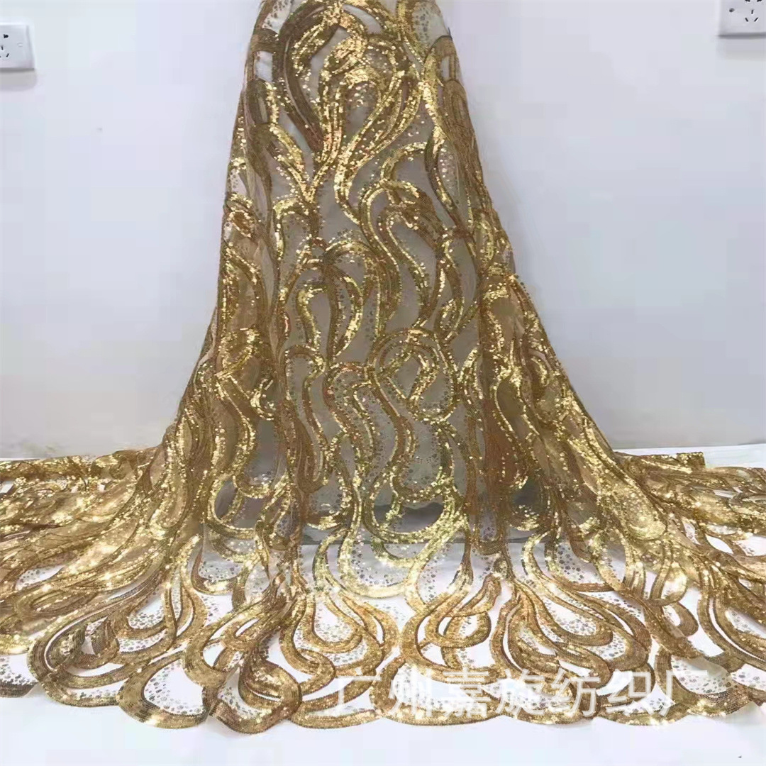Golden sequins lace Hook Striped Mesh Bottom Dress Fabric sequins lace tulle JX1740