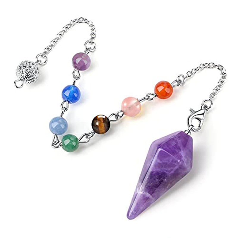 Rose Quartz Amethyst Pendant Six-Sided Rhombus Stone Natural Hexagonal Cone Crystal Pendulum Pendant Chain Jewelry