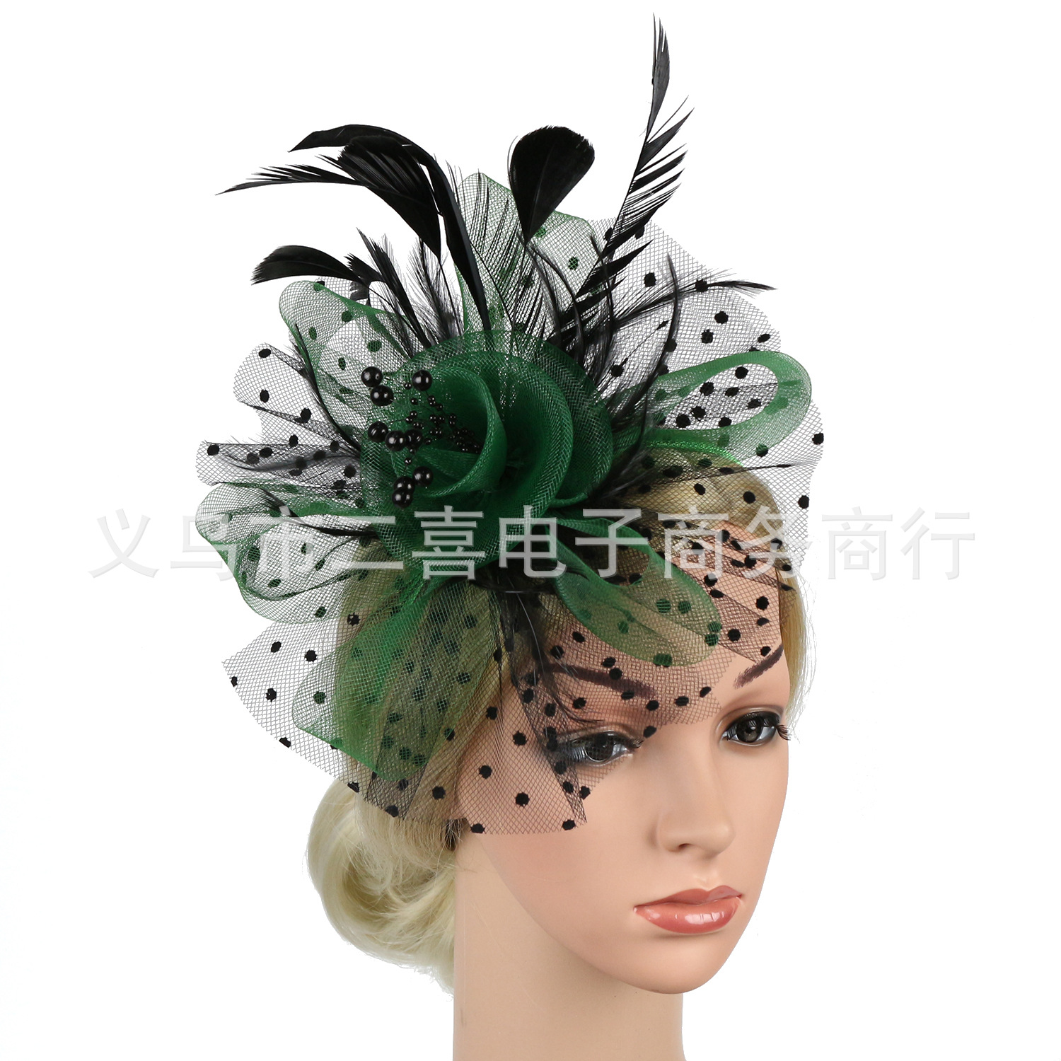 Picture of European and American Popular Amazon Feather Headdress Bridal Hair Accessories Mesh Top Hat Jockey Club Hair Accessories Hairpin Headband