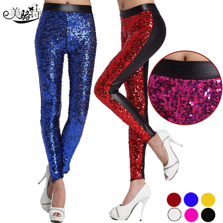 Picture of European and American spring new high waist faux leather pants stage performance Women's fashion high waist sequined leggings cropped pants