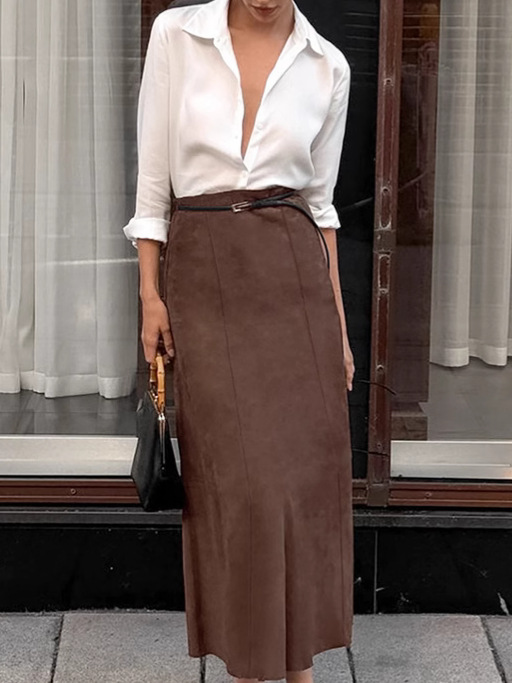 Autumn and Winter Vintage New Fashion Knitted Frosted Velvet Brown Slim-fit High Waist Straight Skirt Casual Long Skirt for Women
