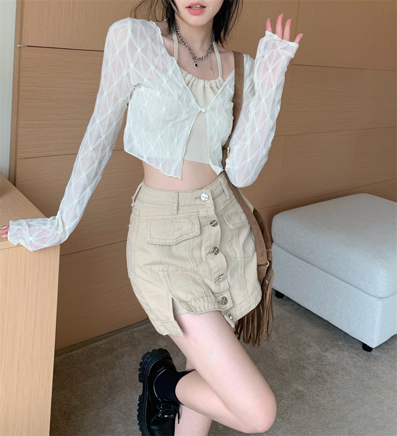 Picture of American-style sweet and spicy mesh shirt women's summer new outer cardigan thin pure style slim-fit short long-sleeved top