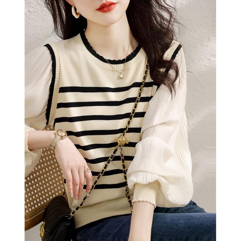 Picture of 2024 stitching lace collar sweater autumn new striped lantern sleeve top commuter all-match women's sweater