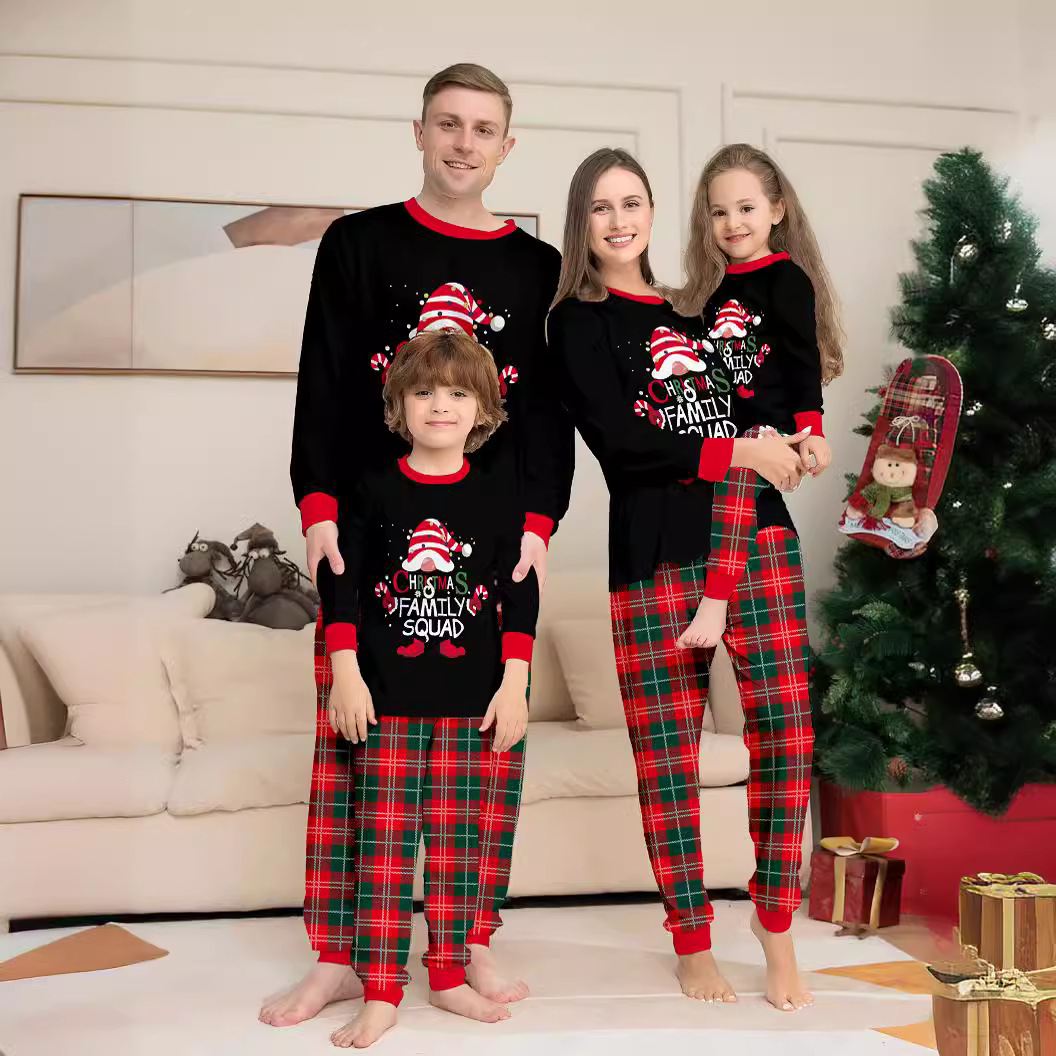 Cross-Border Christmas Cake Hat with Letters, New Plaid Long-Sleeved Two-Piece Home Clothes, Printed Round Neck, Family Parent-Child Clothes