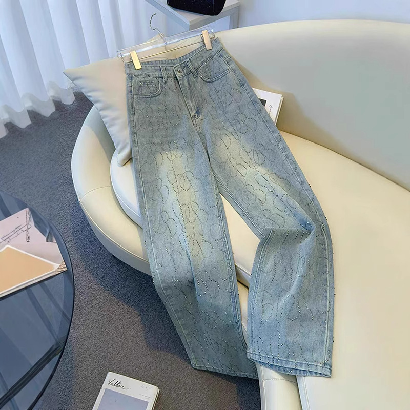 Hot Drilling Straight-Leg Jeans Women's 2025 Spring New Style No-Leg High Waist Loose Slimming Straight-Leg Pants