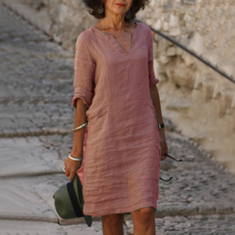 Picture of Amazon European and American autumn cotton and linen small V-neck stitching retro solid color 3/4 sleeve dress women's linen cotton fabric