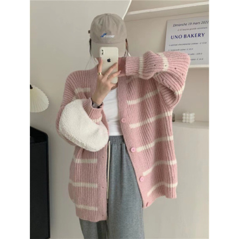 South Korea Dongdaemun Bat Sleeve Slim Striped Sweater Cardigan Women's Autumn New Loose Lazy Style Knitted Jacket