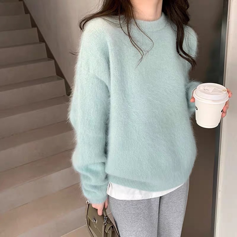 Gentle soft glutinous mohair pink sweater women's lazy style high-grade thickened knitted top autumn and winter 2024 New