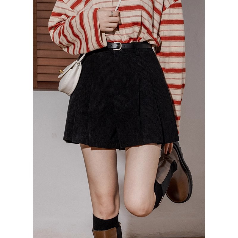 High-Waist Corduroy A- Line Wide-Leg Shorts Women's Autumn Design Age-Reducing Pleated Skirt Slimming Fleece Casual Culottes