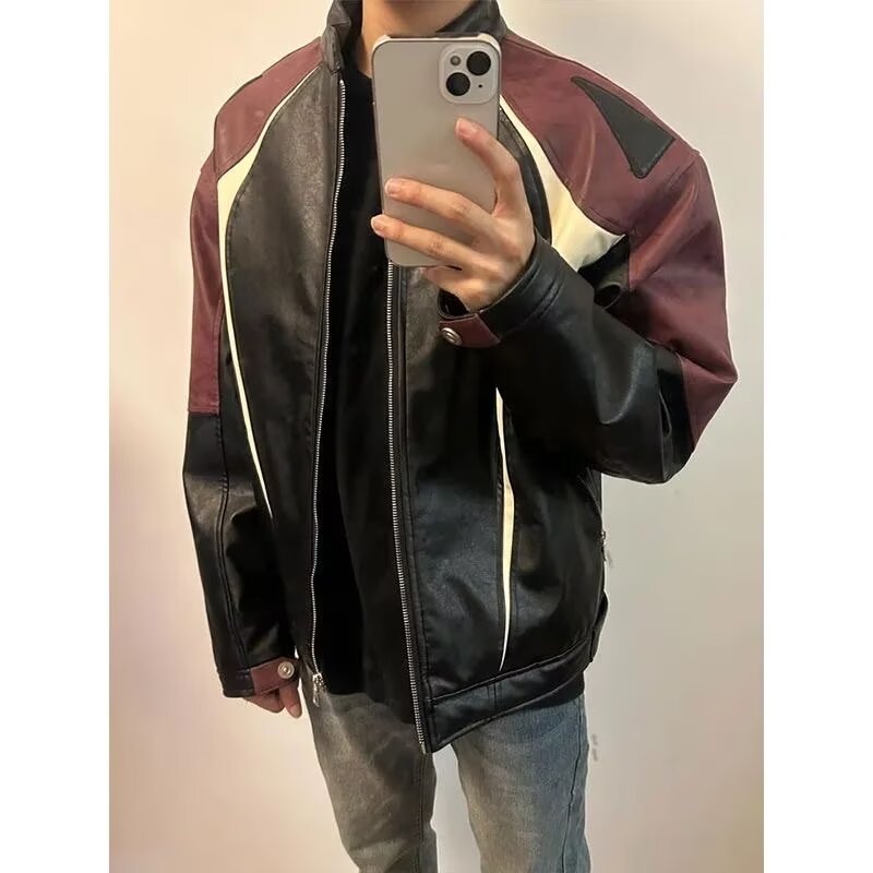 American Retro Splicing Tie-Dye Leather Motorcycle Jacket Men's Trendyy Street Handsome Pu Leather Baseball Jacket