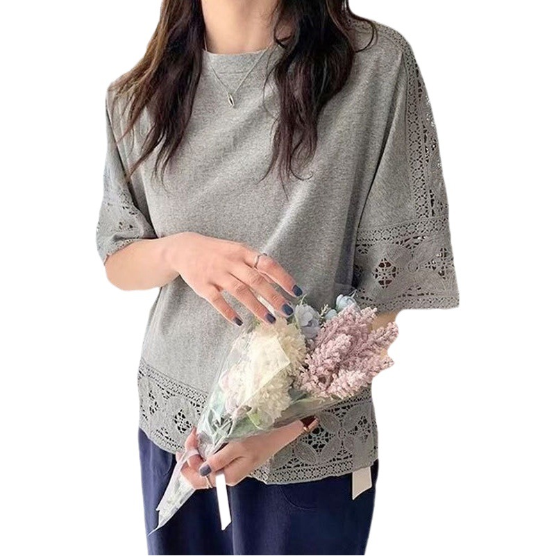 7-color in stock Japanese crew neck half sleeve knitted bat shirt 2024 summer new hollow lace stitching breathable