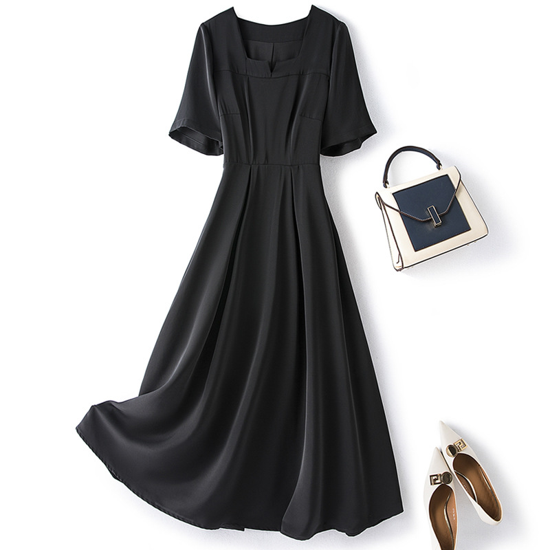 Spot Chubby Sister Elegant Black Dress Summer Large Size Short Sleeve A- line Dress Slim-fit Slimming Square Collar Long Dress 1439