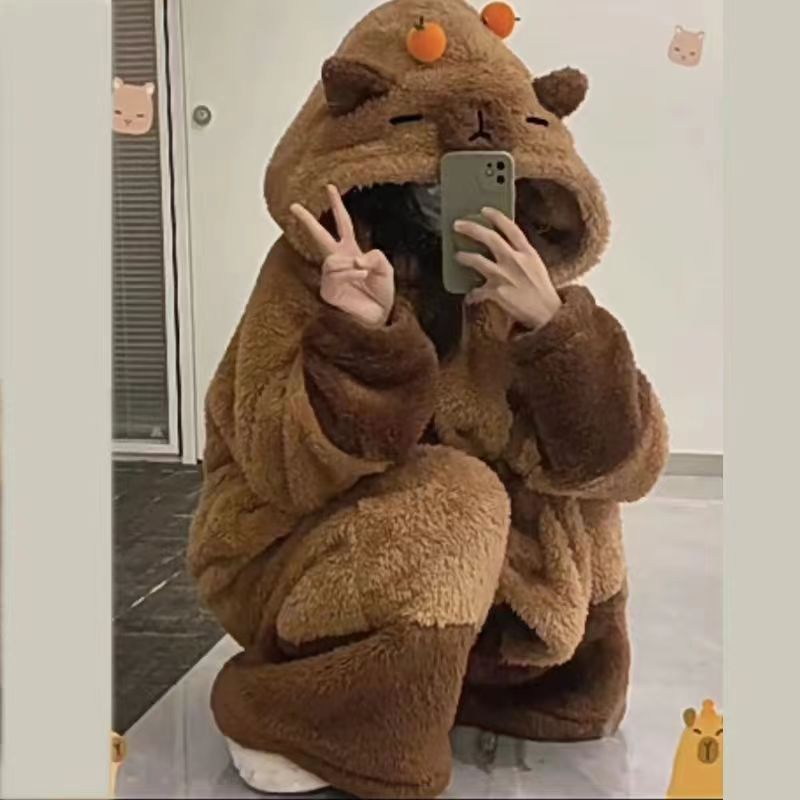 Cartoon Pajamas for Women, Winter Hooded Capybara Couple Plush Coral Fleece Robe, Thickened Coral Fleece