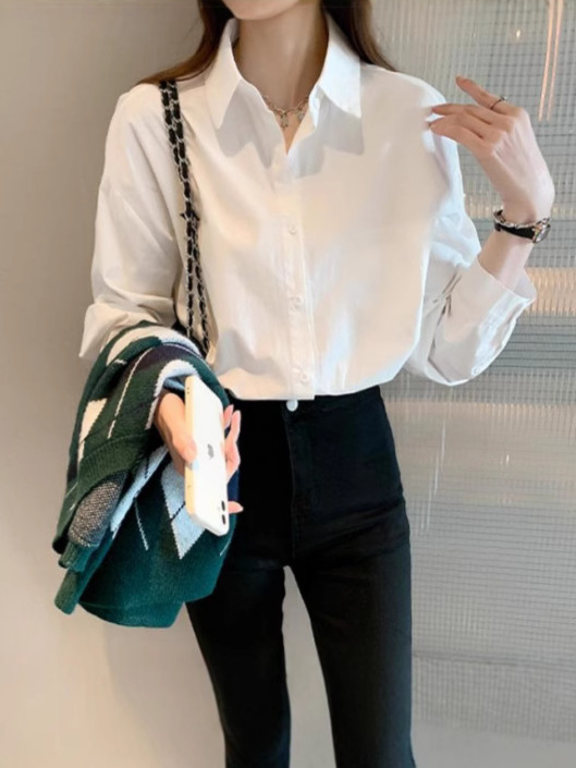 Picture of Uniform Shirt Basic Long-Sleeved White Shirt for Women New Versatile Basic Work Clothes with Retro Shirt for Women