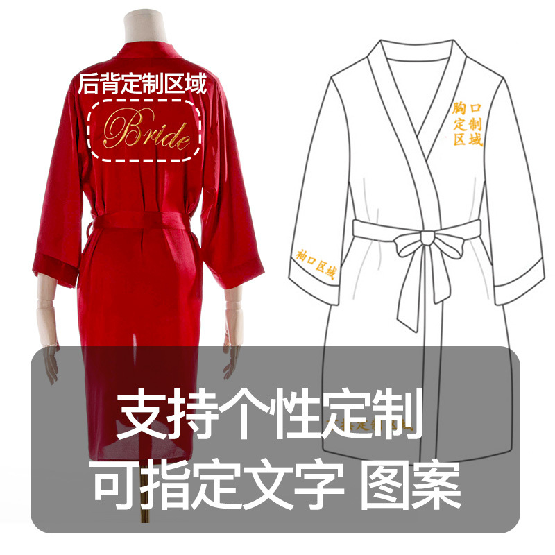 Picture of Bride's Bridesmaid's Morning Gown Wedding Silk Birthday Girlfriend Party Pajamas Lie-down Embroidered Red Nightgown Wedding Morning Gown