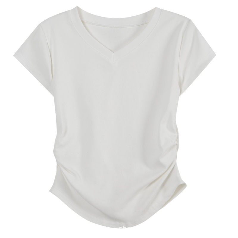 Picture of New Summer Irregular V-neck Shoulder Short-sleeved T-shirt Design Pleated Tight Waist Short High Waist Top Pure Hot Girl