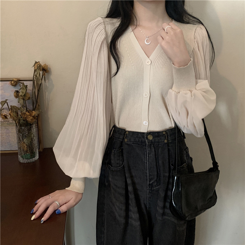 200 Jin Large Size Women's Knitted Shirt Women's Autumn New V-Neck Lantern Sleeve Stitching French Elegant Fat mm Slim