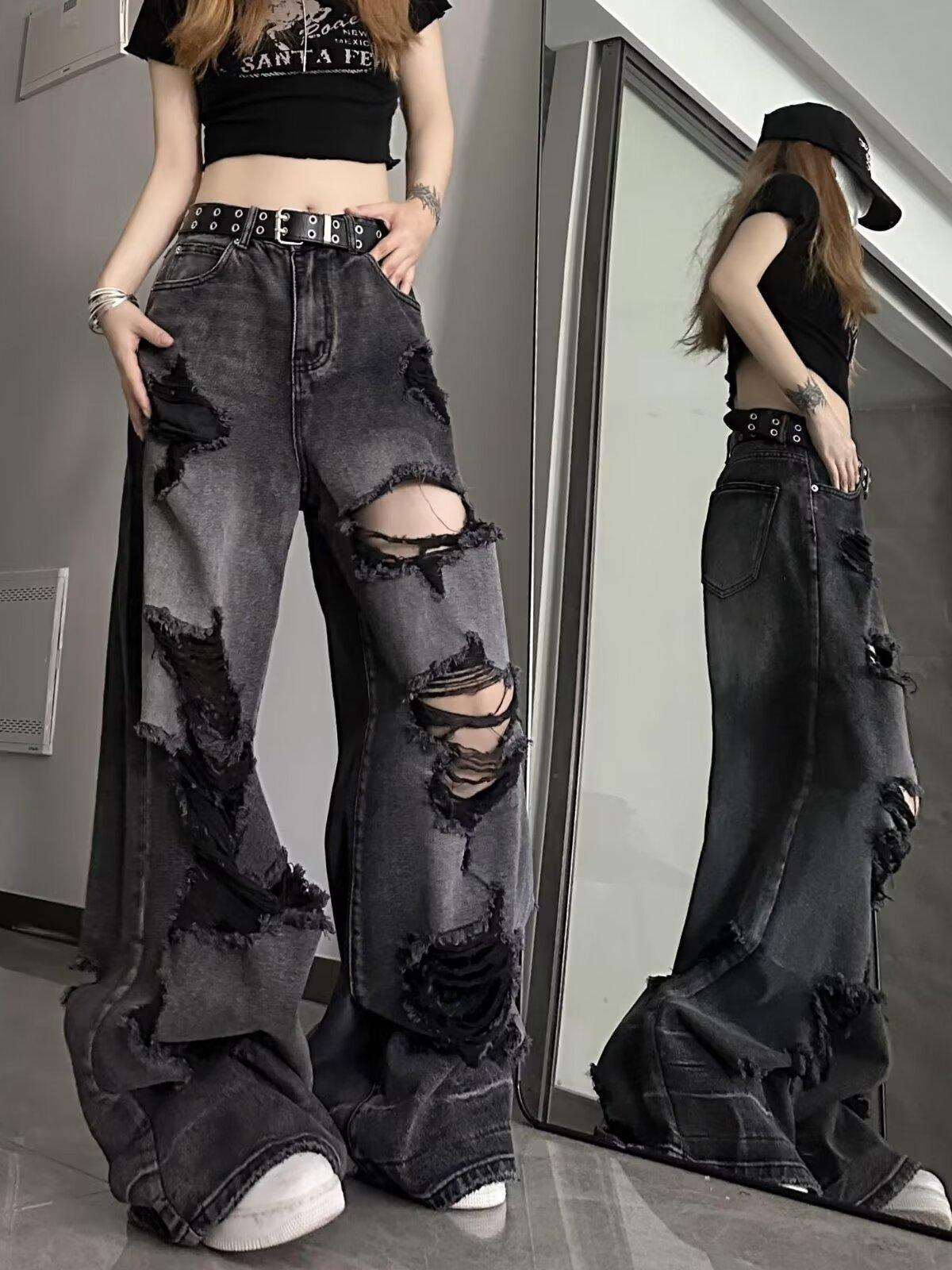 Distinctive Saggy Cool Ripped Jeans Women's Summer Distressed High Street American Style Wide Leg Pants Loose All-match Straight Long Pants
