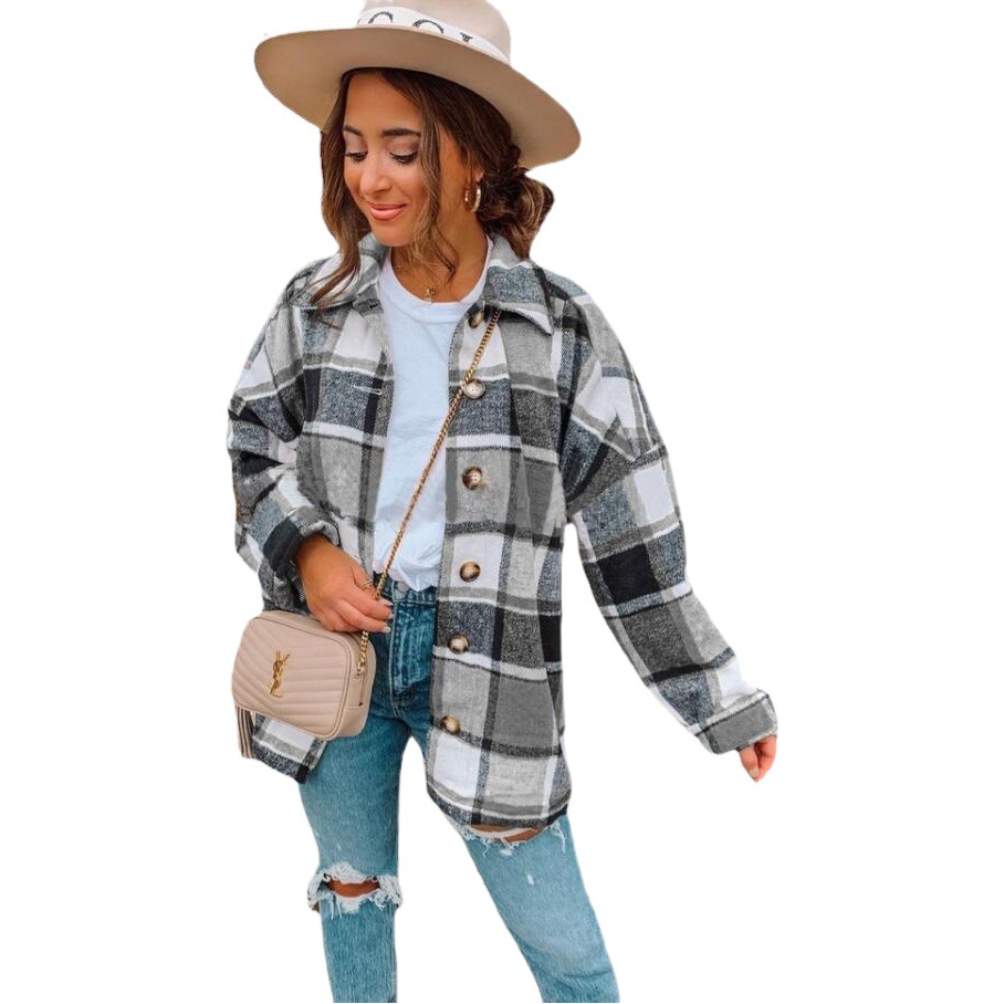 2021 Amazon ins Europe and the United States cross-border autumn and winter New long sleeve lapel loose plaid shirt coat