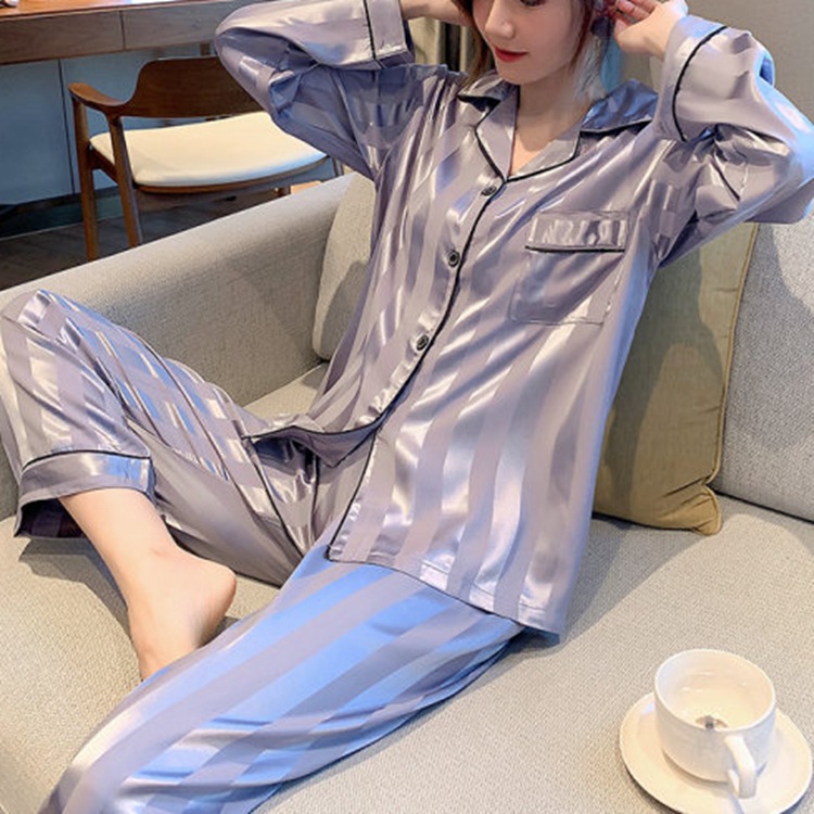 Picture of ins Cyber Celebrity Lace Long-sleeved Simple Black Spring and Autumn Long-sleeved Trousers Cardigan Pajamas Women's Sweet Loose Home Clothes
