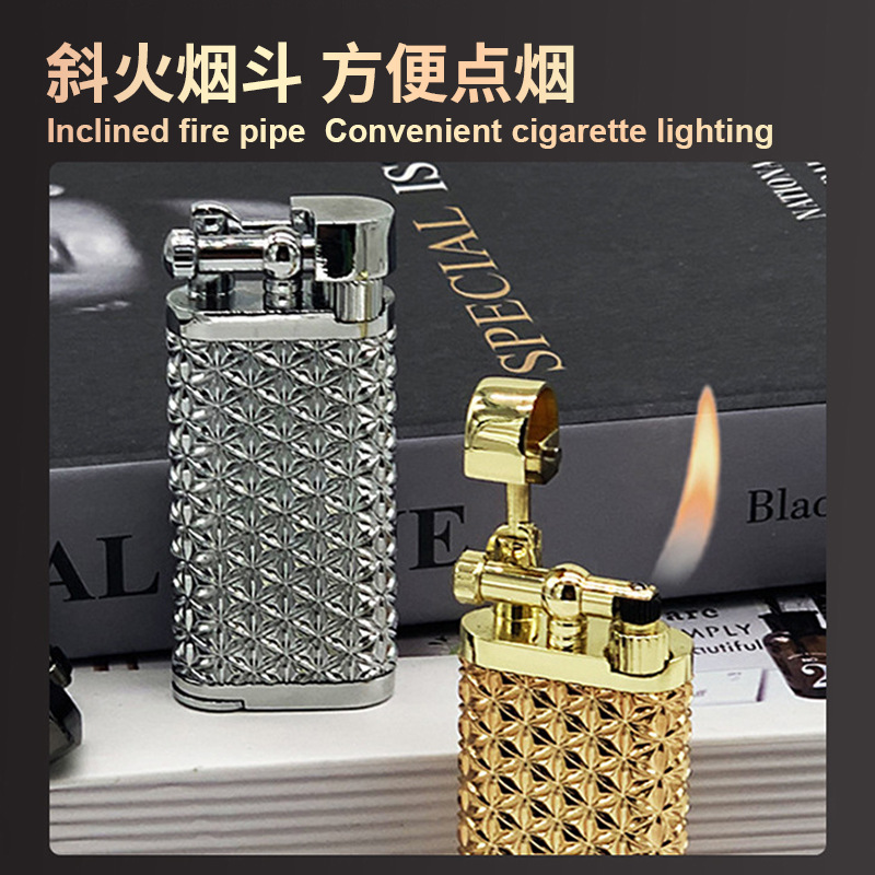 Grinding wheel open flame cigarette lighter gas creative inflatable Langsheng oblique fire lighter metal pipe mini lighter gift
