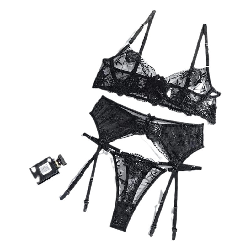Pure European and American Mesh Embroidered Bra Panties Garter Three-Piece Set Sexy Lingerie Sexy Butterfly Intimates