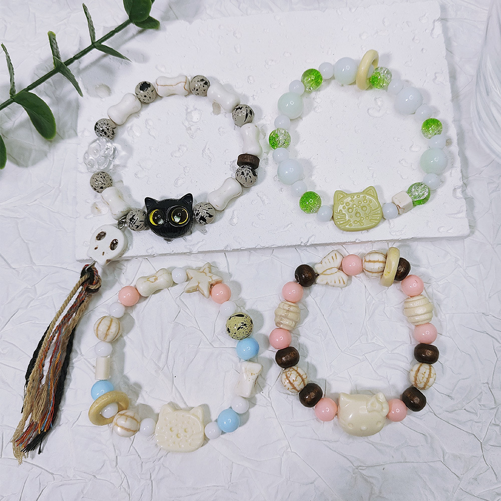 New Cookie Cat Bracelet Bracelet Fashion Sweet Girl Heart Ceramic Beaded KT Cat Elastic Student Bracelet for Women
