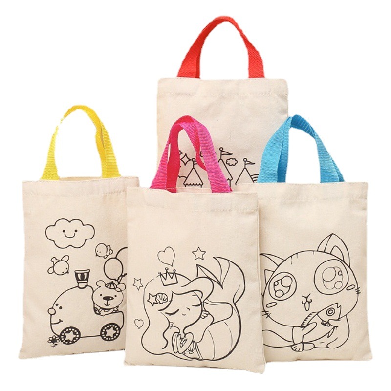 Cartoon canvas bag wholesale kindergarten student tote bag children's early education interest class painting graffiti coloring bag