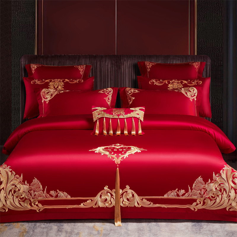 Picture of High-End 120S Pure Cotton Long-Staple Cotton Wedding Four-Piece Set New Chinese Style Dragon and Phoenix Embroidery Wedding Red Bedding