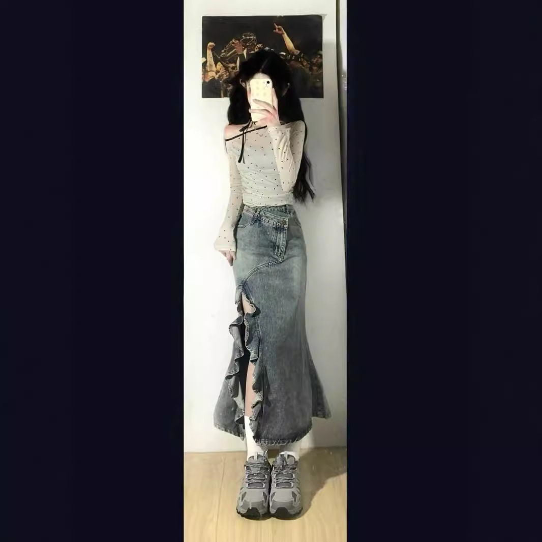 Wave Split High Waist Denim Skirt Women's 2024 Spring New Retro Irregular Mid-length Fishtail Skirt