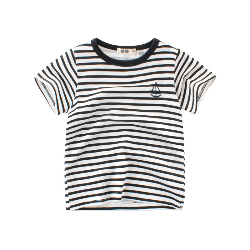 Picture of 2025 Summer New Kidsren's Stripesd T-Shirt Lycra Cotton Boys Short-Sleeved Bottoming Shirt Baby Clothes European and American Kidsren's Clothing
