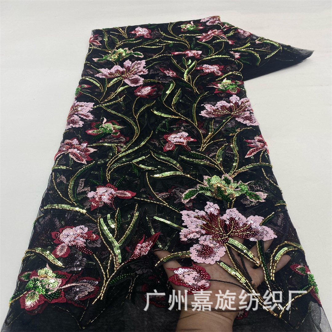 Ethnic Style Embroider Lace Fabric Plant Flower Sequin Fashion Dress Embroidered Fabric Velvet Lace