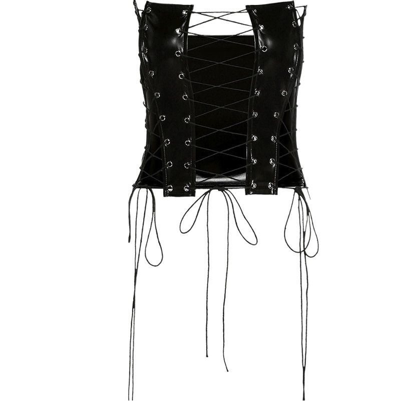 2022 Spring New European and American Women's Nightclub Sexy Hollow Vest Strapless Strap Fish Bone Imitation Leather Waist Top