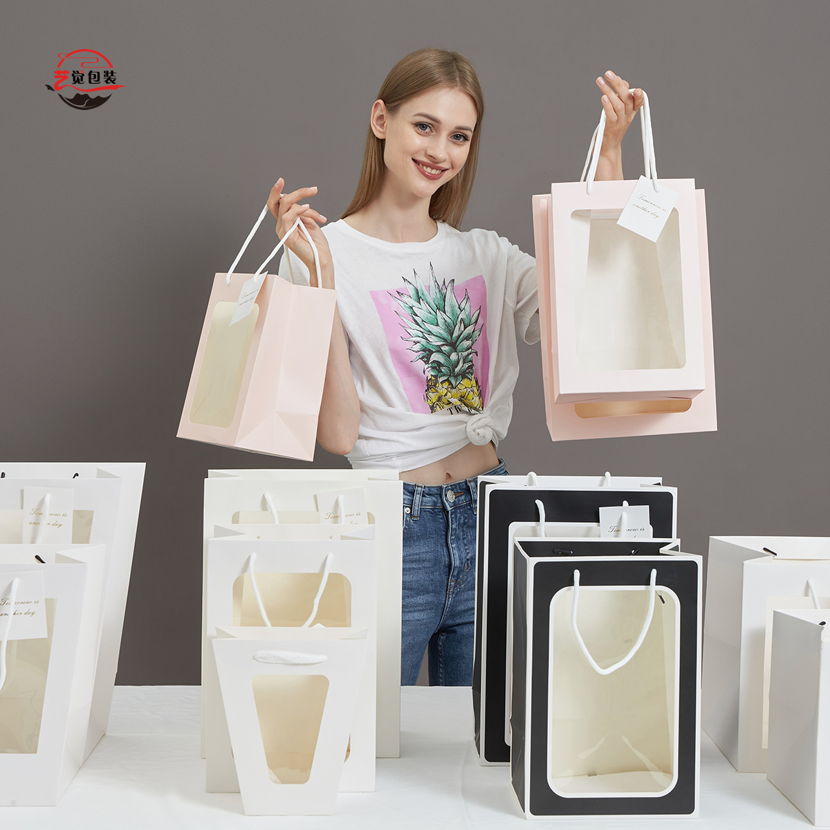 High-End Window Gift Bag, Birthday Handbag, Flower Paper Bag, Transparent Window Gift Bag, Valentine's Day Packaging Bag