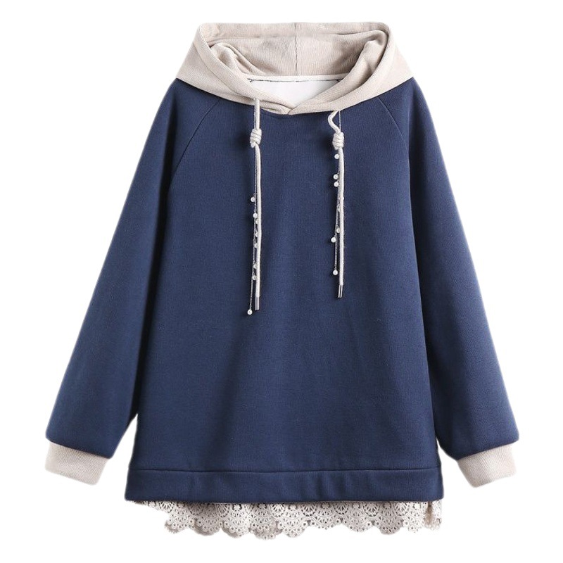 European Station Large Size New Hooded Color Block Sweater Jacket Loose Casual Fat Sister Women's Clothing 2023 Autumn and Winter New Style